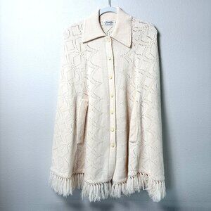 Vintage 70s Cuddle Knit Collared Poncho Fringe Ivory Button Up Cape Sweater Boho